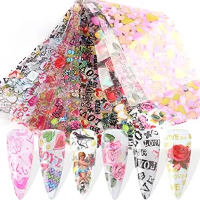 10 Sheets Valentine's Day Nail Art Foils Holographic Valentines Day Nail Stickers Decals Love Heart Kiss Rose Angel Cupid Lips Nail Foil Transfer Sticker Valentines Nail Decorations for Women Girls