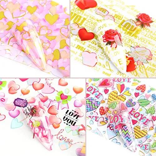 10 Sheets Valentine's Day Nail Art Foils Holographic Valentines Day Nail Stickers Decals Love Heart Kiss Rose Angel Cupid Lips Nail Foil Transfer Sticker Valentines Nail Decorations for Women Girls