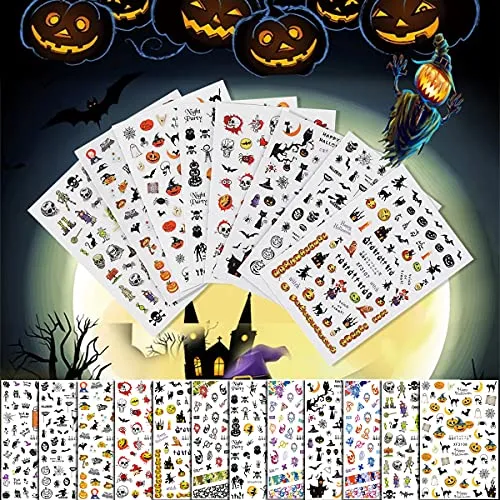 12 Sheets Halloween Nail Art Stickers 3D Halloween Nail Decals Self-Adhesive Horror Skull Pumpkin Bat Ghost Witch Spider Skeleton Nail Designs for Women Girls Halloween Nail Charms Decorations