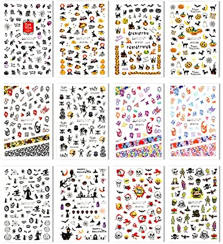 12 Sheets Halloween Nail Art Stickers 3D Halloween Nail Decals Self-Adhesive Horror Skull Pumpkin Bat Ghost Witch Spider Skeleton Nail Designs for Women Girls Halloween Nail Charms Decorations