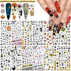 12 Sheets Halloween Nail Art Stickers 3D Halloween Nail Decals Self-Adhesive Horror Skull Pumpkin Bat Ghost Witch Spider Skeleton Nail Designs for Women Girls Halloween Nail Charms Decorations