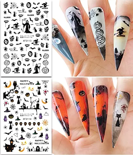 12 Sheets Halloween Nail Art Stickers 3D Halloween Nail Decals Self-Adhesive Horror Skull Pumpkin Bat Ghost Witch Spider Skeleton Nail Designs for Women Girls Halloween Nail Charms Decorations