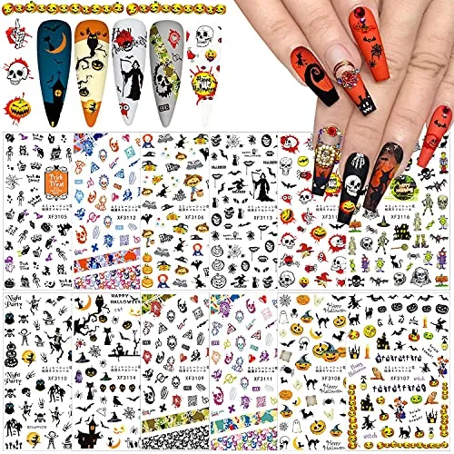 12 Sheets Halloween Nail Art Stickers 3D Halloween Nail Decals Self-Adhesive Horror Skull Pumpkin Bat Ghost Witch Spider Skeleton Nail Designs for Women Girls Halloween Nail Charms Decorations