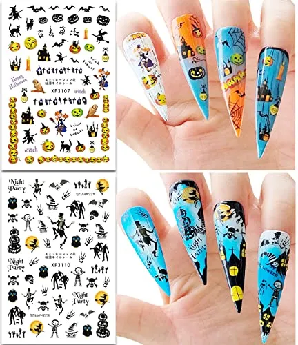 12 Sheets Halloween Nail Art Stickers 3D Halloween Nail Decals Self-Adhesive Horror Skull Pumpkin Bat Ghost Witch Spider Skeleton Nail Designs for Women Girls Halloween Nail Charms Decorations
