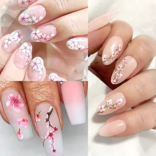 12PCS Sakura Nail Sticker Decals Cherry Blossom Leaf Transfer Foil for Nail Art Decoration Supplies Spring Nail Art Water Slider Accessory Watermark Floral Letter Design Slider Manicure Kit for Women