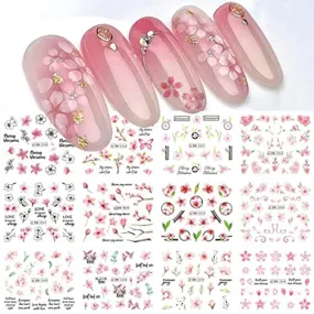 12PCS Sakura Nail Sticker Decals Cherry Blossom Leaf Transfer Foil for Nail Art Decoration Supplies Spring Nail Art Water Slider Accessory Watermark Floral Letter Design Slider Manicure Kit for Women