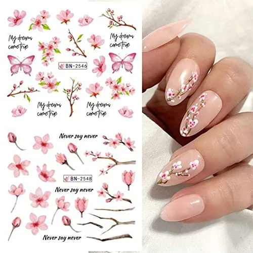 12PCS Sakura Nail Sticker Decals Cherry Blossom Leaf Transfer Foil for Nail Art Decoration Supplies Spring Nail Art Water Slider Accessory Watermark Floral Letter Design Slider Manicure Kit for Women