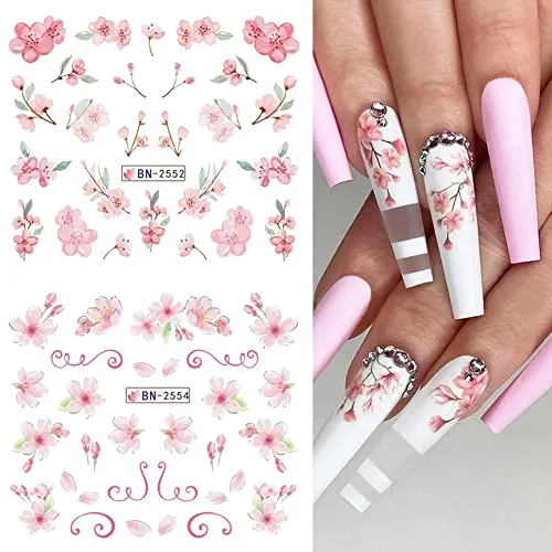 12PCS Sakura Nail Sticker Decals Cherry Blossom Leaf Transfer Foil for Nail Art Decoration Supplies Spring Nail Art Water Slider Accessory Watermark Floral Letter Design Slider Manicure Kit for Women