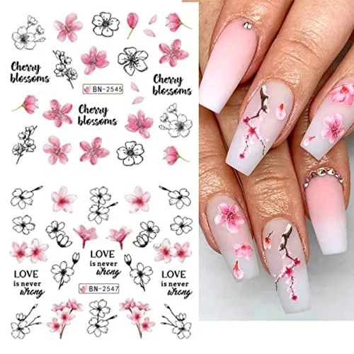 12PCS Sakura Nail Sticker Decals Cherry Blossom Leaf Transfer Foil for Nail Art Decoration Supplies Spring Nail Art Water Slider Accessory Watermark Floral Letter Design Slider Manicure Kit for Women