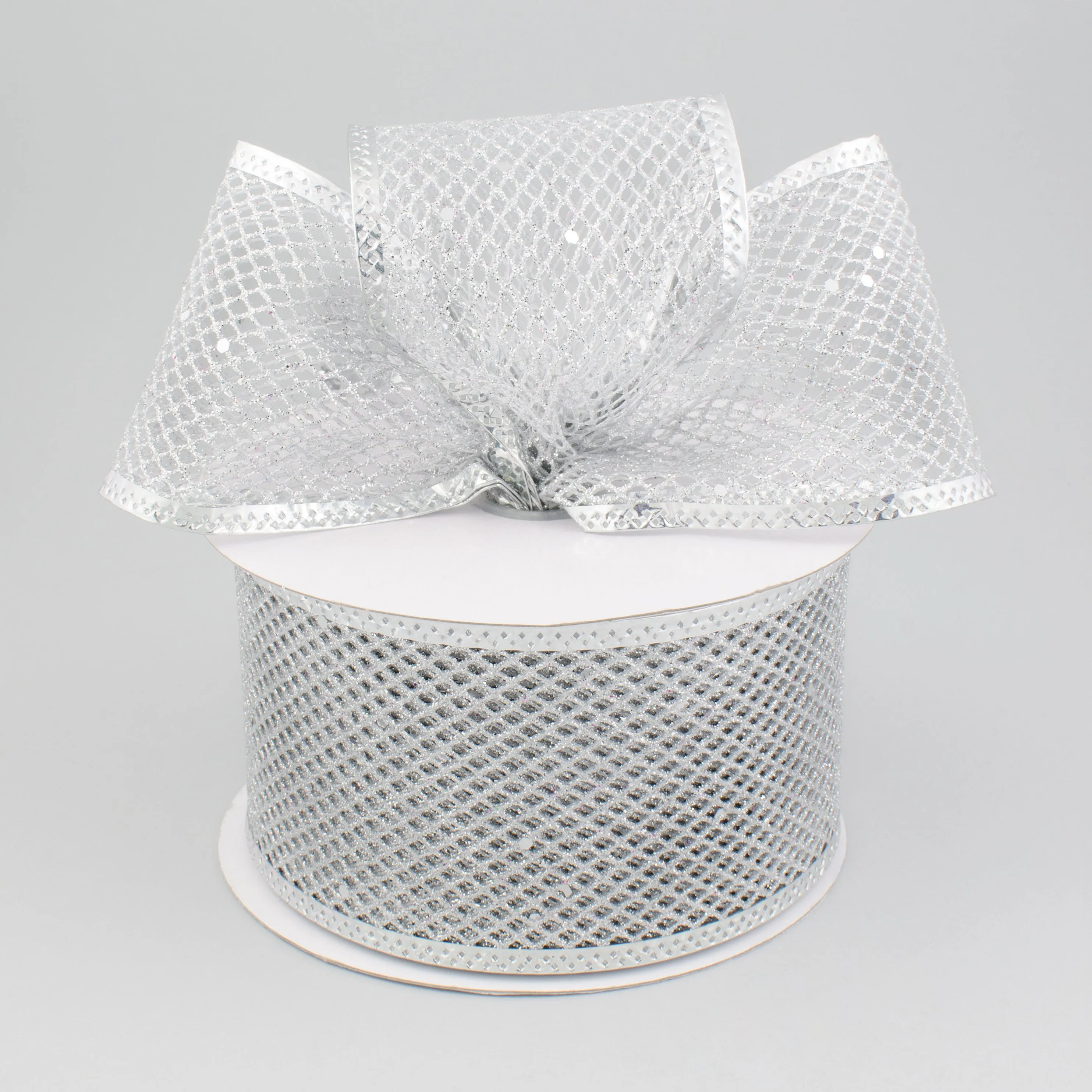 2.5" Diamond Mesh Glitter Ribbon: Silver (10 Yards)