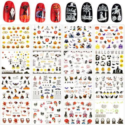 28 Sheets Halloween Nail Design Stickers Water Transfer Watermark Stickers Self-Adhesive Fluorescent Nail Decals Stickers Manicure Stickers DIY Nail Design Stencil for Women Girls Nail Decorations