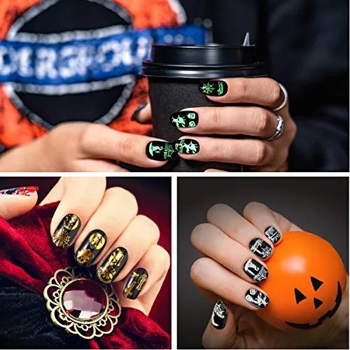 28 Sheets Halloween Nail Design Stickers Water Transfer Watermark Stickers Self-Adhesive Fluorescent Nail Decals Stickers Manicure Stickers DIY Nail Design Stencil for Women Girls Nail Decorations