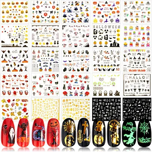 28 Sheets Halloween Nail Design Stickers Water Transfer Watermark Stickers Self-Adhesive Fluorescent Nail Decals Stickers Manicure Stickers DIY Nail Design Stencil for Women Girls Nail Decorations