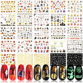28 Sheets Halloween Nail Design Stickers Water Transfer Watermark Stickers Self-Adhesive Fluorescent Nail Decals Stickers Manicure Stickers DIY Nail Design Stencil for Women Girls Nail Decorations