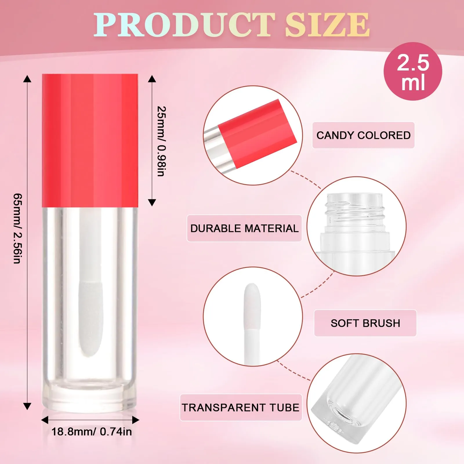 50pcs 2.5ml Empty Lip Gloss Containers Lip Gloss Tubes with Wand Cute 0.08oz Clear Refillable Lipgloss Making Supplies Kit for DIY Makeup   2pcs Syringes (Red)