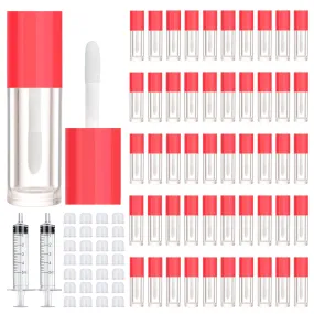 50pcs 2.5ml Empty Lip Gloss Containers Lip Gloss Tubes with Wand Cute 0.08oz Clear Refillable Lipgloss Making Supplies Kit for DIY Makeup   2pcs Syringes (Red)