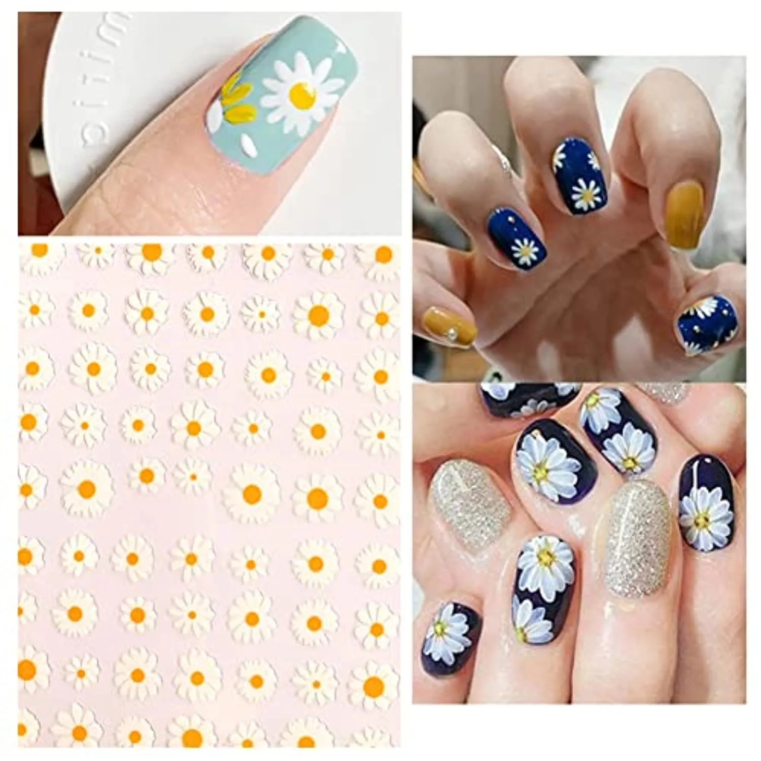 8 Sheets Flower Nail Stickers Decals 3D Elegant Daisy Nail Art Supplies Designer Nail Stickers White Floral Flowers Sunflowers Nail Design for Spring Summer DIY Acrylic Nail Art Decoration