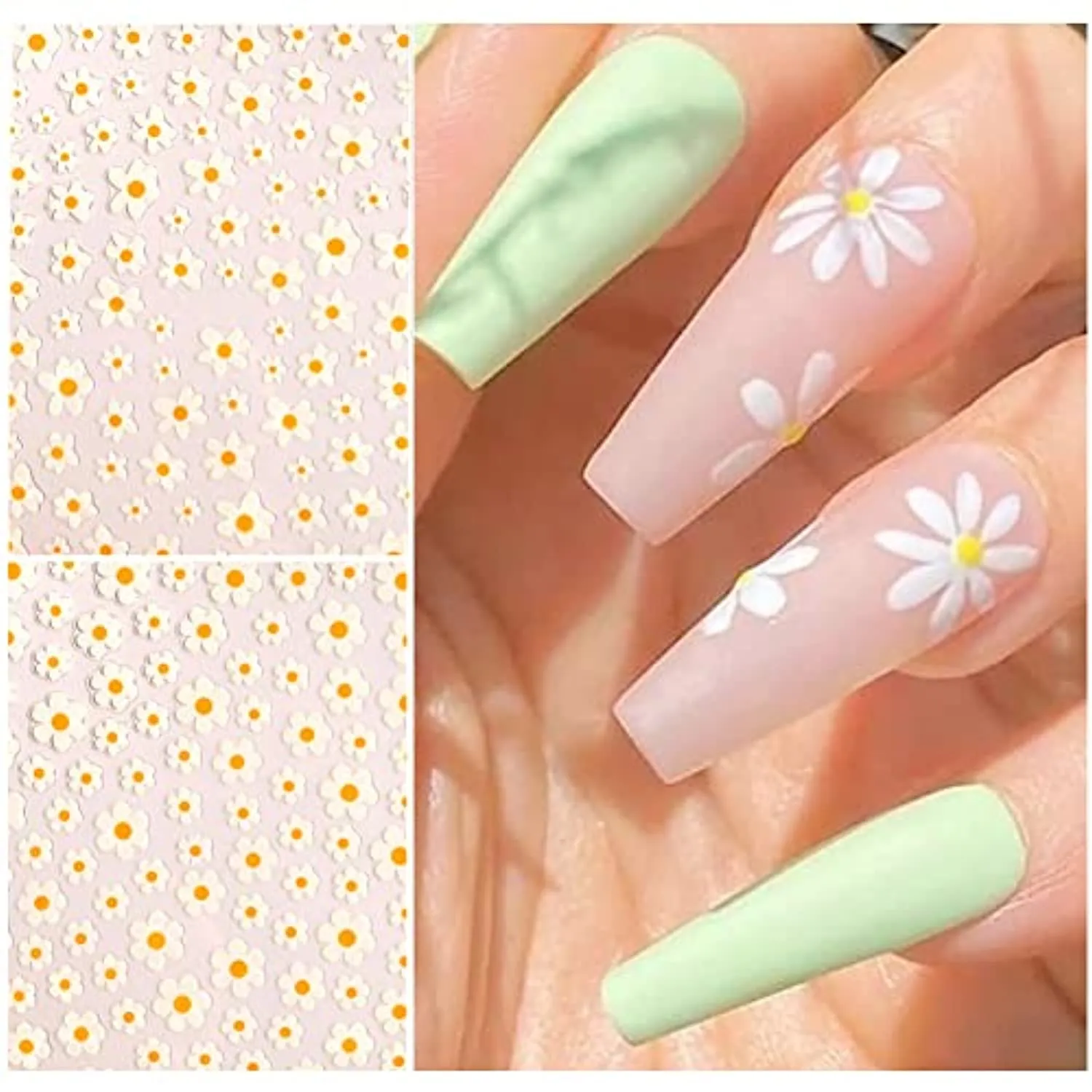8 Sheets Flower Nail Stickers Decals 3D Elegant Daisy Nail Art Supplies Designer Nail Stickers White Floral Flowers Sunflowers Nail Design for Spring Summer DIY Acrylic Nail Art Decoration