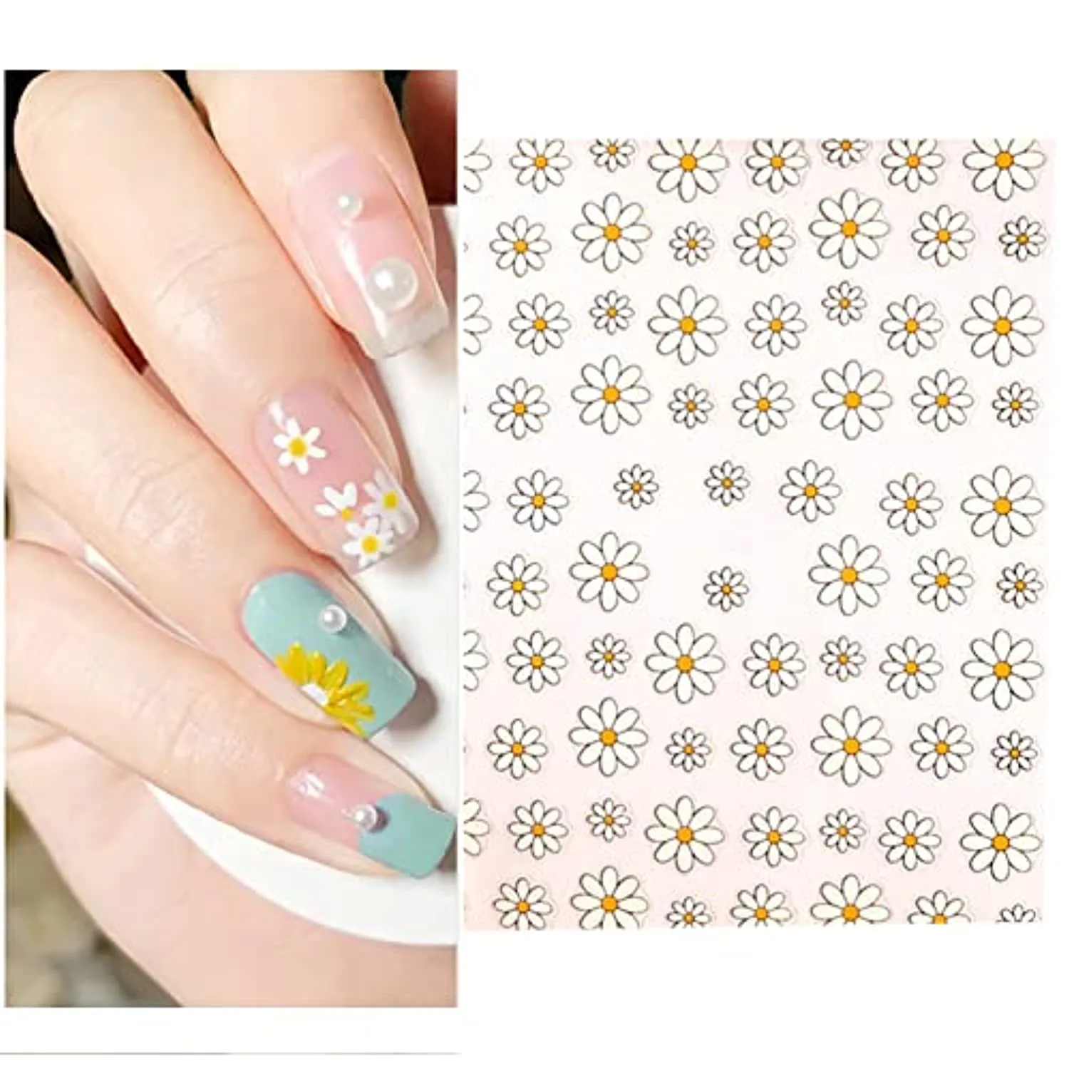 8 Sheets Flower Nail Stickers Decals 3D Elegant Daisy Nail Art Supplies Designer Nail Stickers White Floral Flowers Sunflowers Nail Design for Spring Summer DIY Acrylic Nail Art Decoration