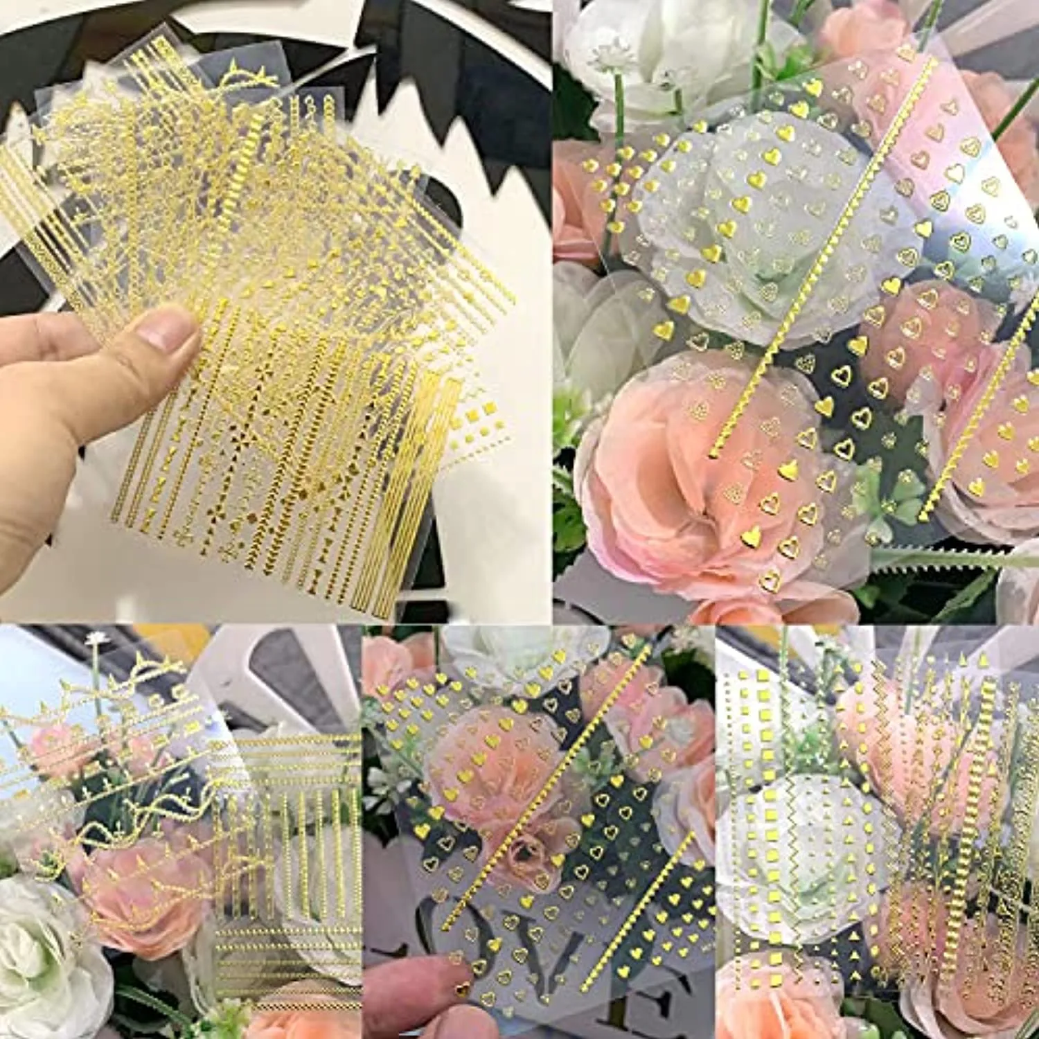 8 Sheets Gold Nail Art Stickers Decals 3D Self-Adhesive Nail Art Design Metallic Chains Line Triangle Heart Circle Nail Decoration Holographic Glitter Nail Supplies for Women Girls Manicure Sticker