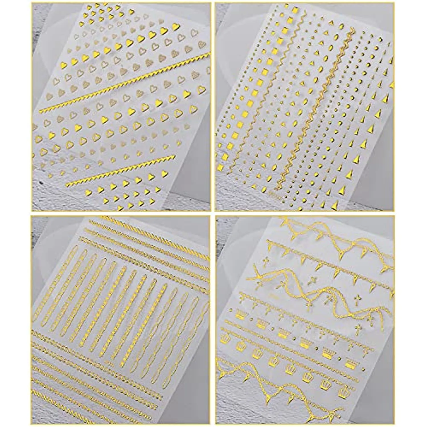 8 Sheets Gold Nail Art Stickers Decals 3D Self-Adhesive Nail Art Design Metallic Chains Line Triangle Heart Circle Nail Decoration Holographic Glitter Nail Supplies for Women Girls Manicure Sticker