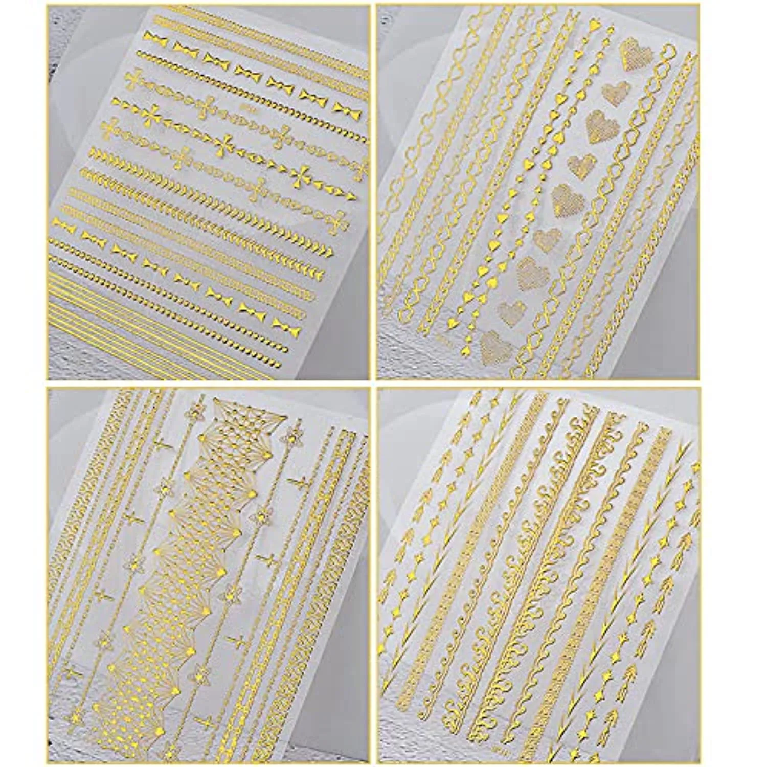8 Sheets Gold Nail Art Stickers Decals 3D Self-Adhesive Nail Art Design Metallic Chains Line Triangle Heart Circle Nail Decoration Holographic Glitter Nail Supplies for Women Girls Manicure Sticker