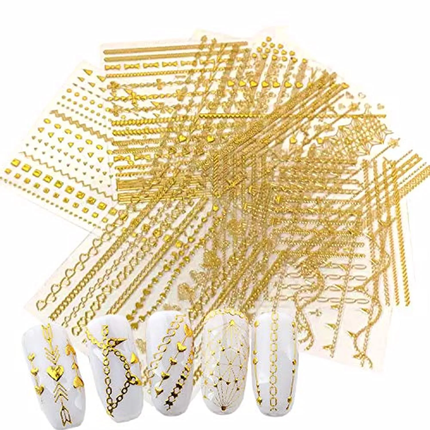 8 Sheets Gold Nail Art Stickers Decals 3D Self-Adhesive Nail Art Design Metallic Chains Line Triangle Heart Circle Nail Decoration Holographic Glitter Nail Supplies for Women Girls Manicure Sticker