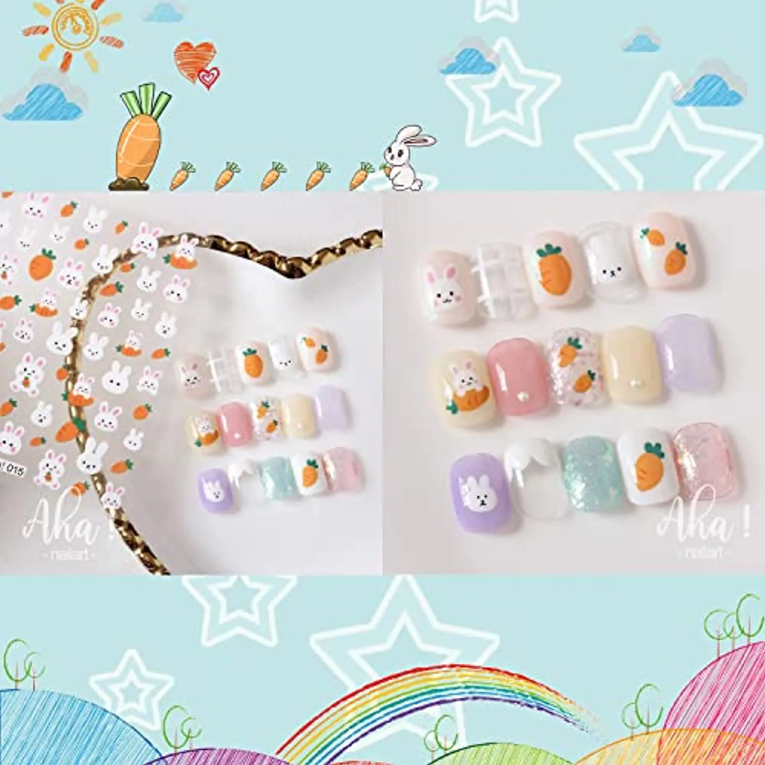 ACDE 5 Sheets Cute Cartoon Nail Art Stickers Rainbow White Cloud Bear 3D Self-Adhesive Nail Decals Rabbit Panda Craft Design Nail Accessories for Women Girls Kids Party Nail Decoration Supplies
