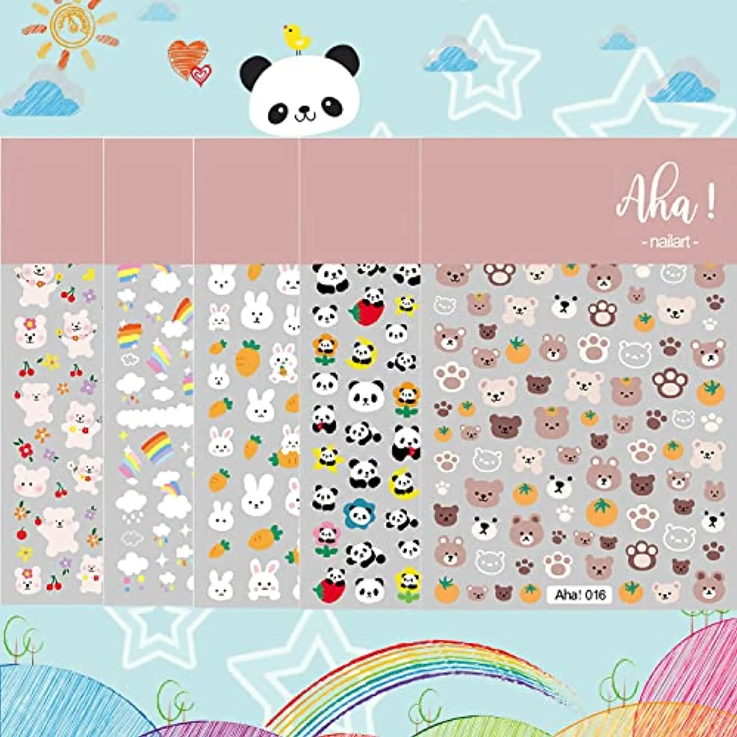 ACDE 5 Sheets Cute Cartoon Nail Art Stickers Rainbow White Cloud Bear 3D Self-Adhesive Nail Decals Rabbit Panda Craft Design Nail Accessories for Women Girls Kids Party Nail Decoration Supplies