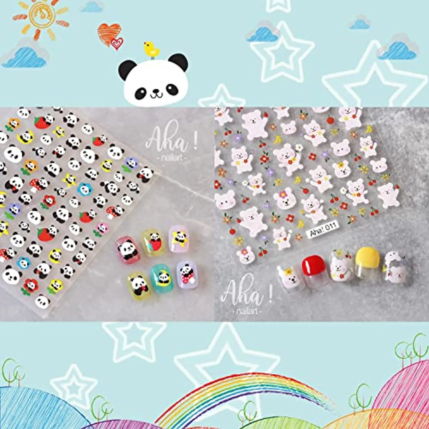 ACDE 5 Sheets Cute Cartoon Nail Art Stickers Rainbow White Cloud Bear 3D Self-Adhesive Nail Decals Rabbit Panda Craft Design Nail Accessories for Women Girls Kids Party Nail Decoration Supplies