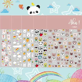 ACDE 5 Sheets Cute Cartoon Nail Art Stickers Rainbow White Cloud Bear 3D Self-Adhesive Nail Decals Rabbit Panda Craft Design Nail Accessories for Women Girls Kids Party Nail Decoration Supplies