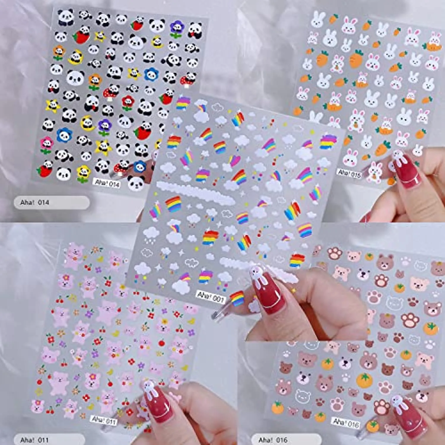 ACDE 5 Sheets Cute Cartoon Nail Art Stickers Rainbow White Cloud Bear 3D Self-Adhesive Nail Decals Rabbit Panda Craft Design Nail Accessories for Women Girls Kids Party Nail Decoration Supplies