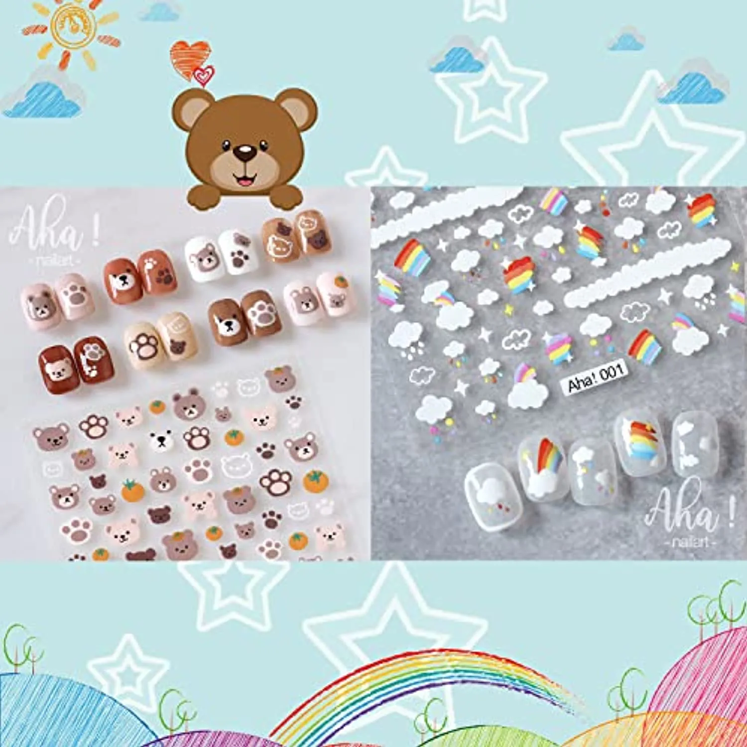 ACDE 5 Sheets Cute Cartoon Nail Art Stickers Rainbow White Cloud Bear 3D Self-Adhesive Nail Decals Rabbit Panda Craft Design Nail Accessories for Women Girls Kids Party Nail Decoration Supplies