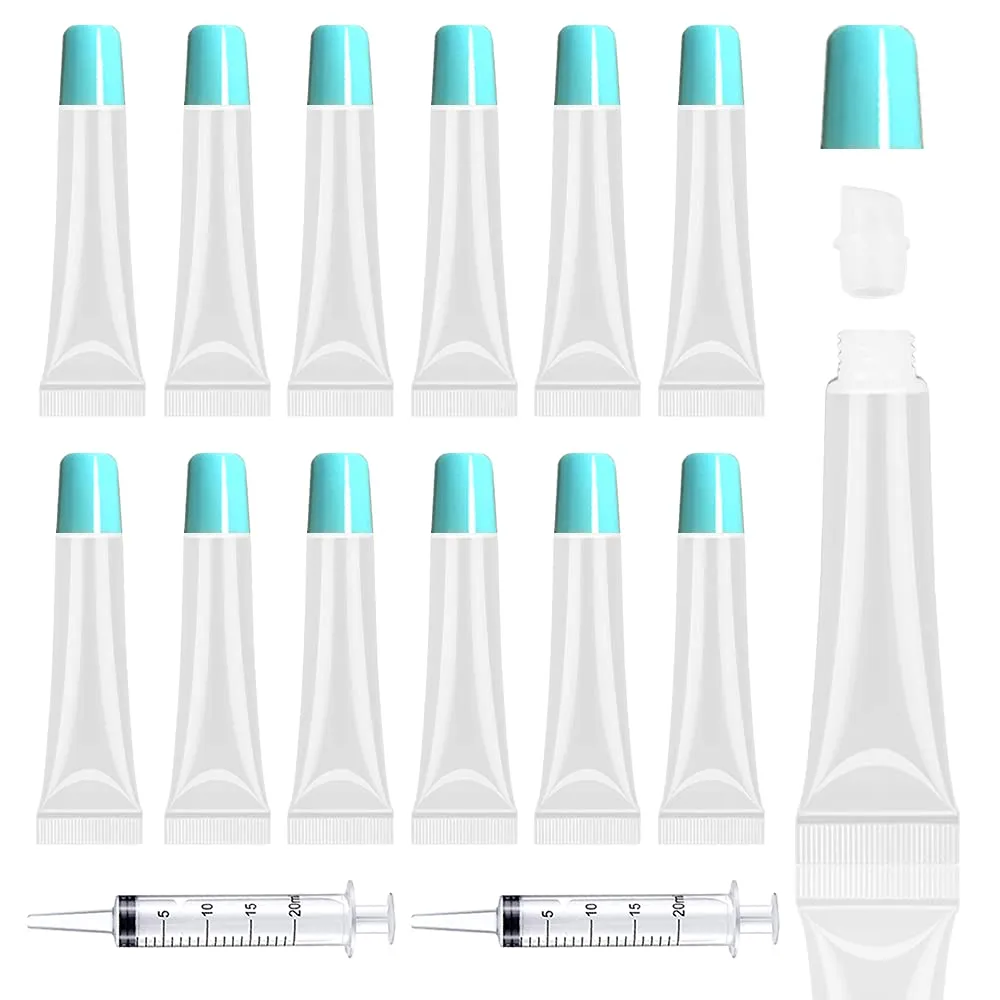 AMORIX 50PCS Lip Gloss Tubes 15ml Blue Lip Gloss Containers Empty Lip Balm Tubes Refillable Cosmetic Squeeze Lipgloss Tubes   2 x 20ml Syringes Labels for DIY Lip Gloss Base Glitter