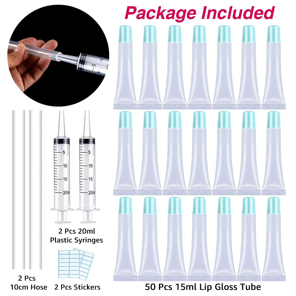 AMORIX 50PCS Lip Gloss Tubes 15ml Blue Lip Gloss Containers Empty Lip Balm Tubes Refillable Cosmetic Squeeze Lipgloss Tubes   2 x 20ml Syringes Labels for DIY Lip Gloss Base Glitter