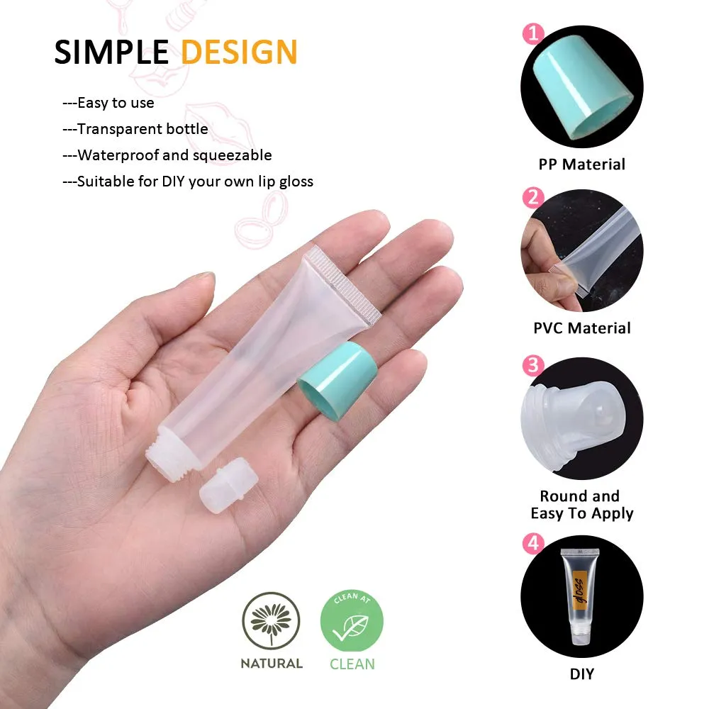 AMORIX 50PCS Lip Gloss Tubes 15ml Blue Lip Gloss Containers Empty Lip Balm Tubes Refillable Cosmetic Squeeze Lipgloss Tubes   2 x 20ml Syringes Labels for DIY Lip Gloss Base Glitter