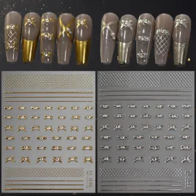Bowknot Nail Art Stickers 5D Emboss Silver Gold Metal Nail Decals Self-Adhesive Luxury Bling Rhinestone Bow Tie Line Nail Accessories DIY Nail Designs for Women Girls Acrylic Nails Decoration 2 Sheets