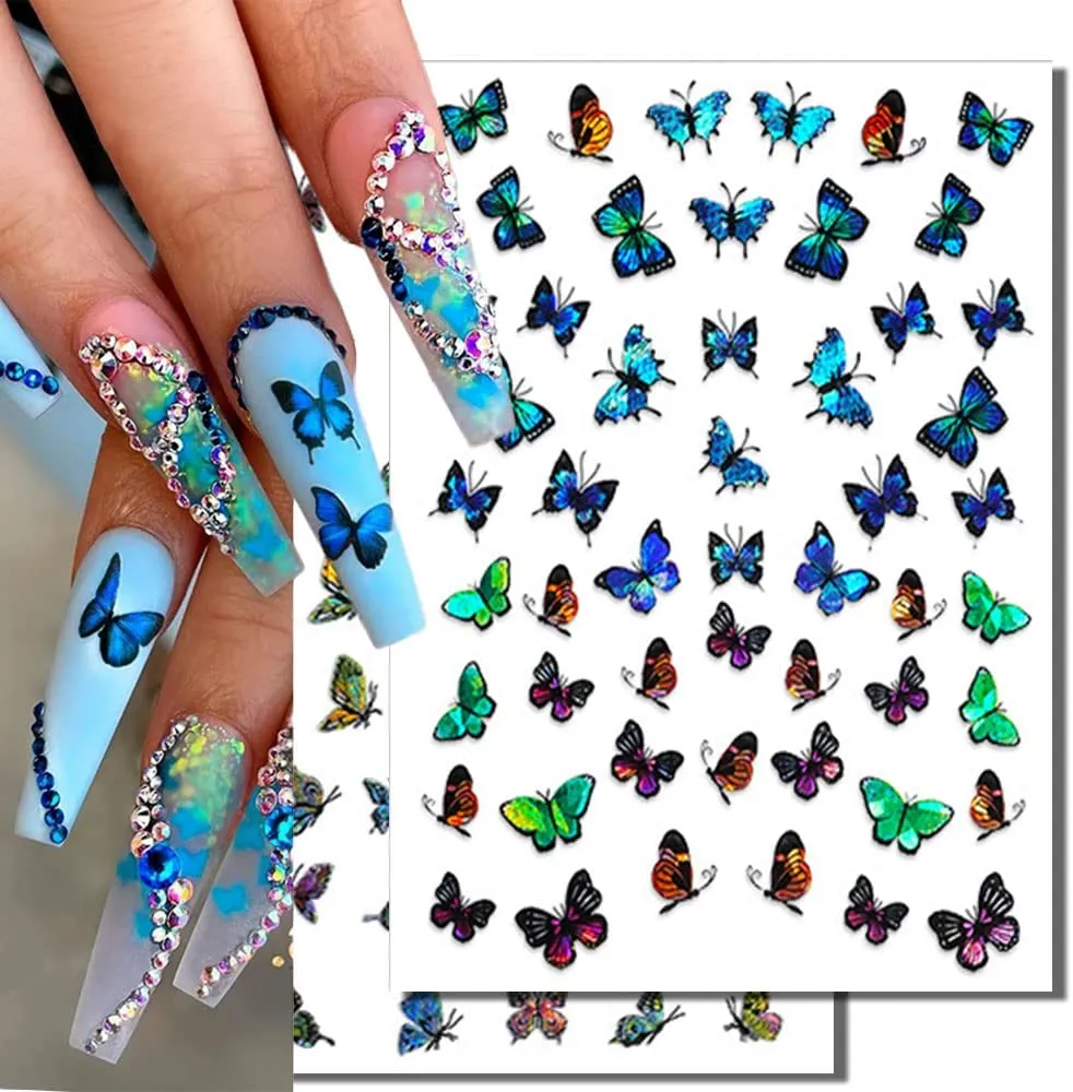 Butterfly Nail Art Stickers Spring Butterfly Nail Decals Decorate,3D Spring Self-Adhesive Black Butterflies Design Nail Decals Foil Butterflies Nail Sticker for Women Acrylic Nails-8 Sheets