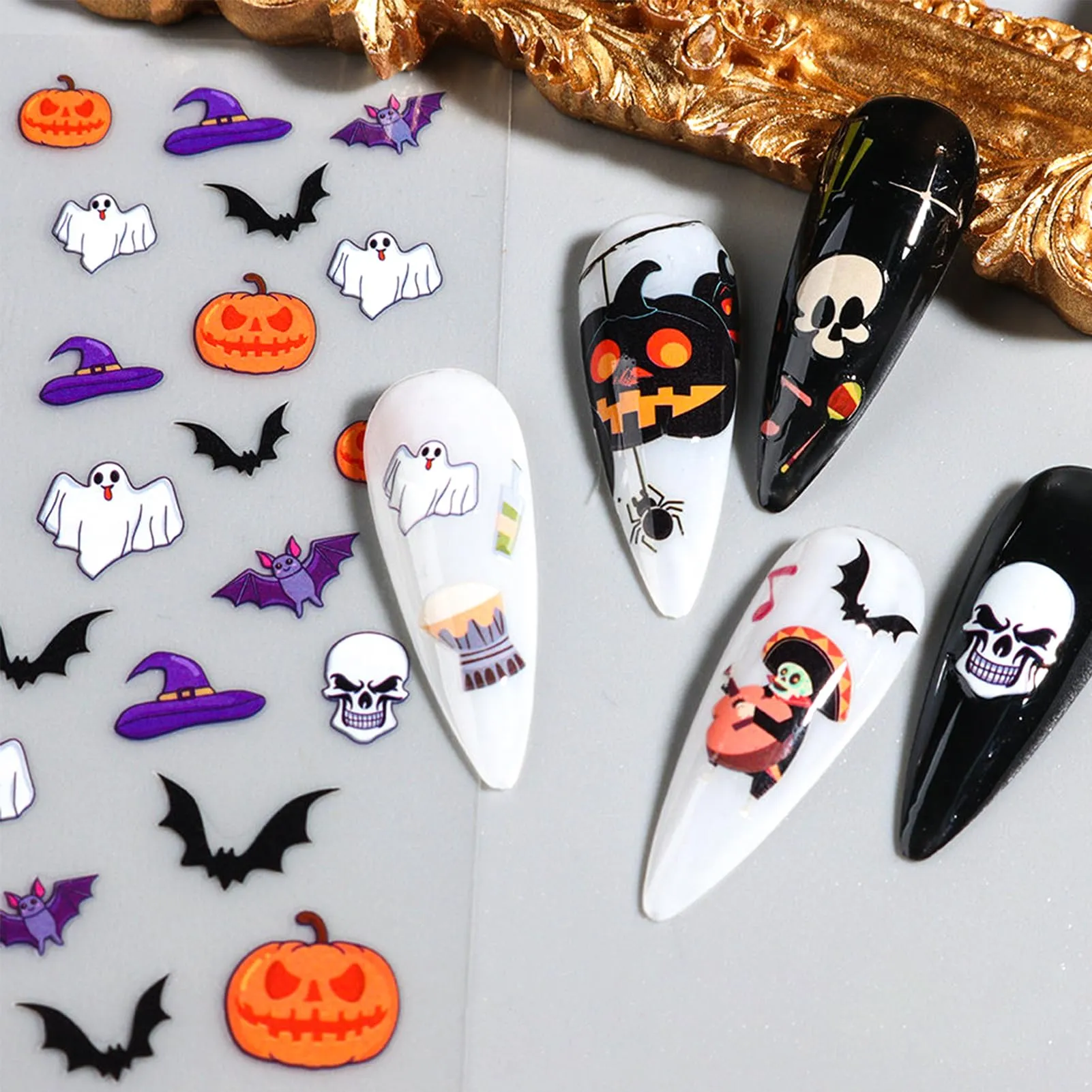 Cute Halloween Nail Art Stickers Pumpkin Bat Skull Decals Stickers 3D Self Adhesive Scar Eyes Stitch Stickers Cute Spooky Ghost Handprint Designs for Women Girls Tip Acrylic Nail Decoration 6 Sheets