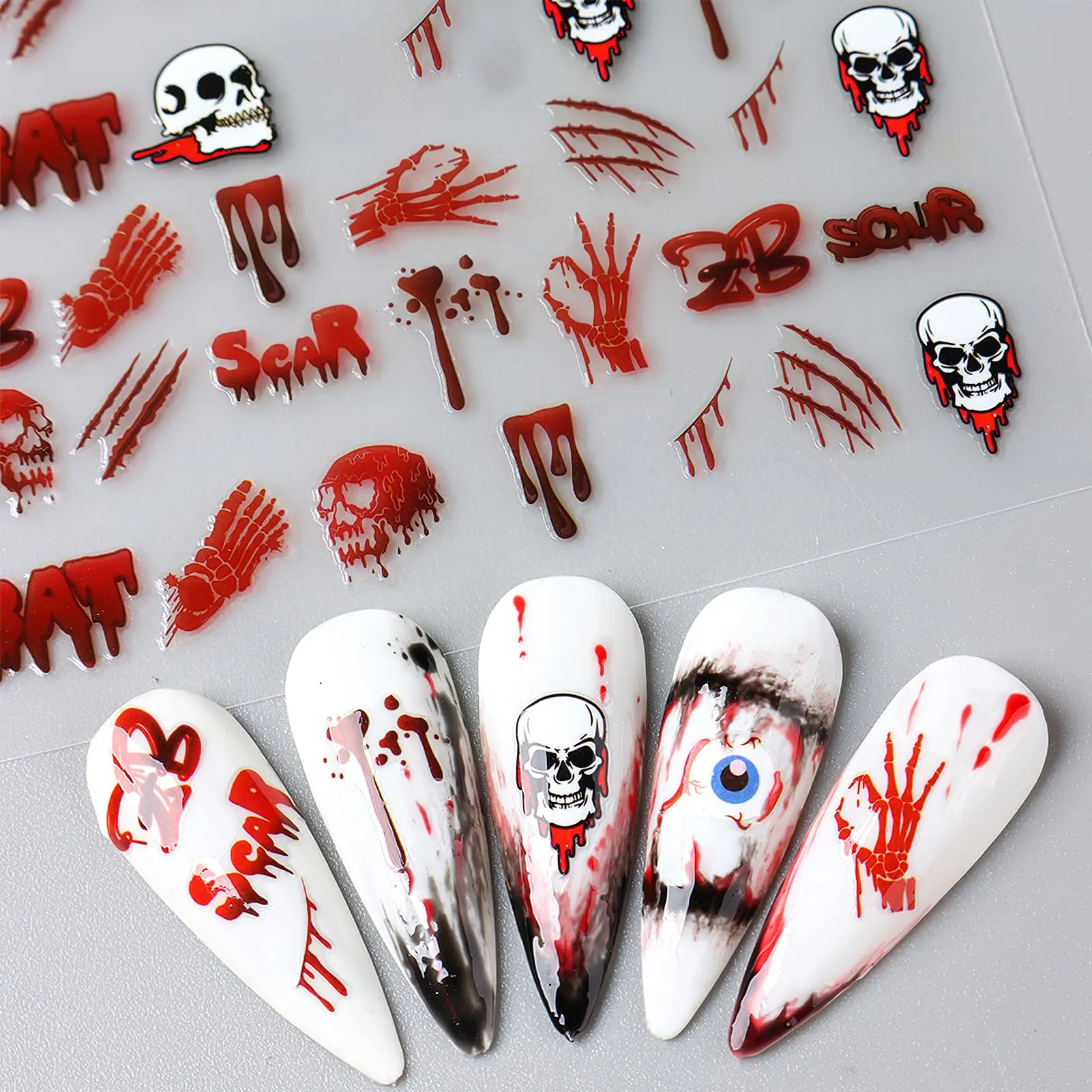 Cute Halloween Nail Art Stickers Pumpkin Bat Skull Decals Stickers 3D Self Adhesive Scar Eyes Stitch Stickers Cute Spooky Ghost Handprint Designs for Women Girls Tip Acrylic Nail Decoration 6 Sheets