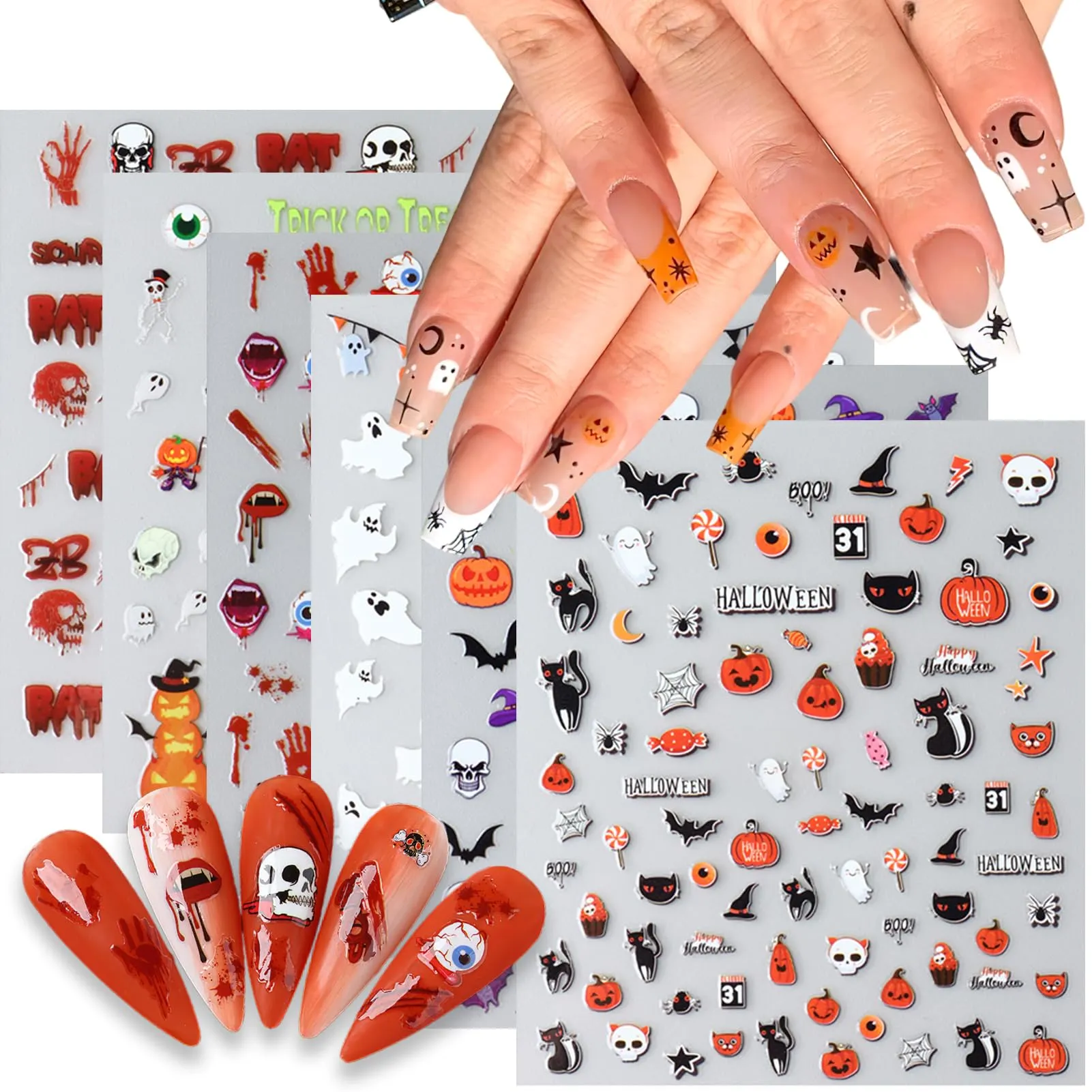 Cute Halloween Nail Art Stickers Pumpkin Bat Skull Decals Stickers 3D Self Adhesive Scar Eyes Stitch Stickers Cute Spooky Ghost Handprint Designs for Women Girls Tip Acrylic Nail Decoration 6 Sheets