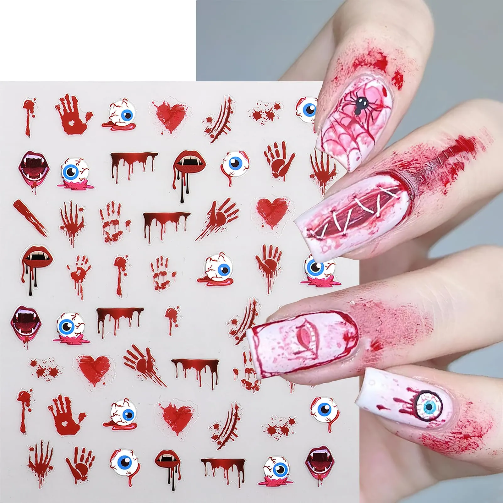 Cute Halloween Nail Art Stickers Pumpkin Bat Skull Decals Stickers 3D Self Adhesive Scar Eyes Stitch Stickers Cute Spooky Ghost Handprint Designs for Women Girls Tip Acrylic Nail Decoration 6 Sheets