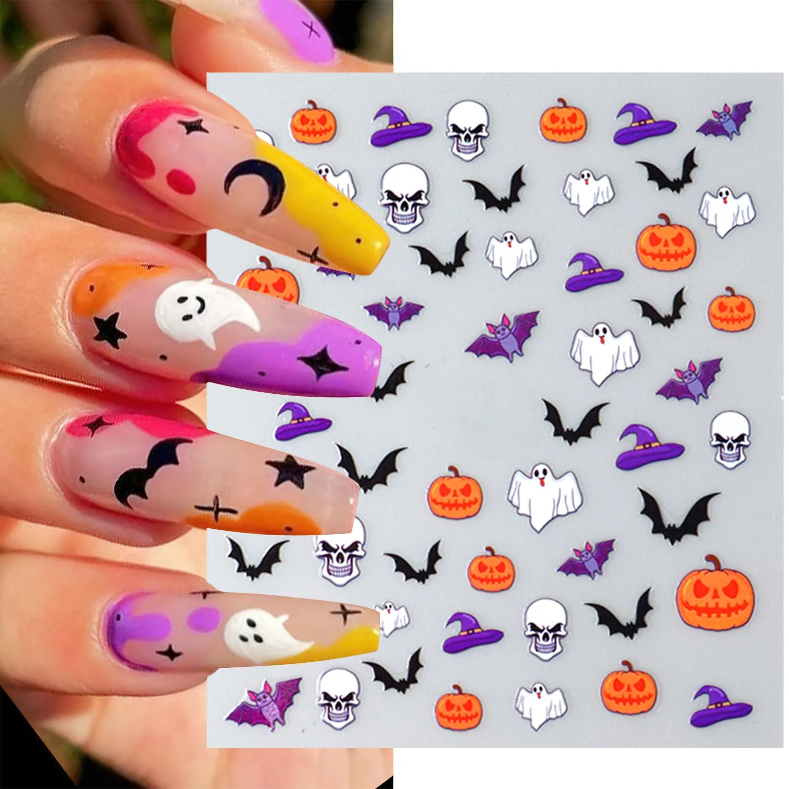 Cute Halloween Nail Art Stickers Pumpkin Bat Skull Decals Stickers 3D Self Adhesive Scar Eyes Stitch Stickers Cute Spooky Ghost Handprint Designs for Women Girls Tip Acrylic Nail Decoration 6 Sheets