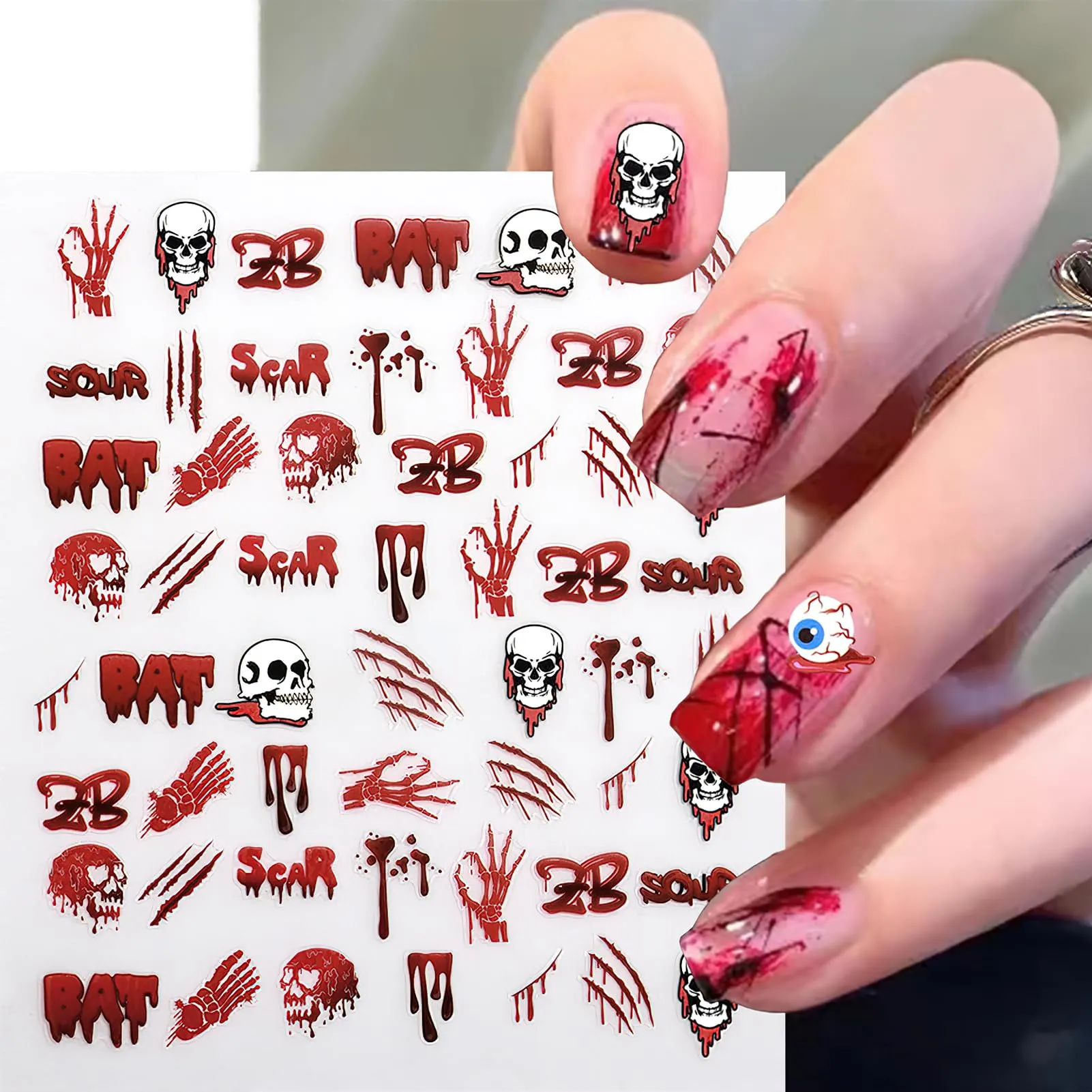 Cute Halloween Nail Art Stickers Pumpkin Bat Skull Decals Stickers 3D Self Adhesive Scar Eyes Stitch Stickers Cute Spooky Ghost Handprint Designs for Women Girls Tip Acrylic Nail Decoration 6 Sheets