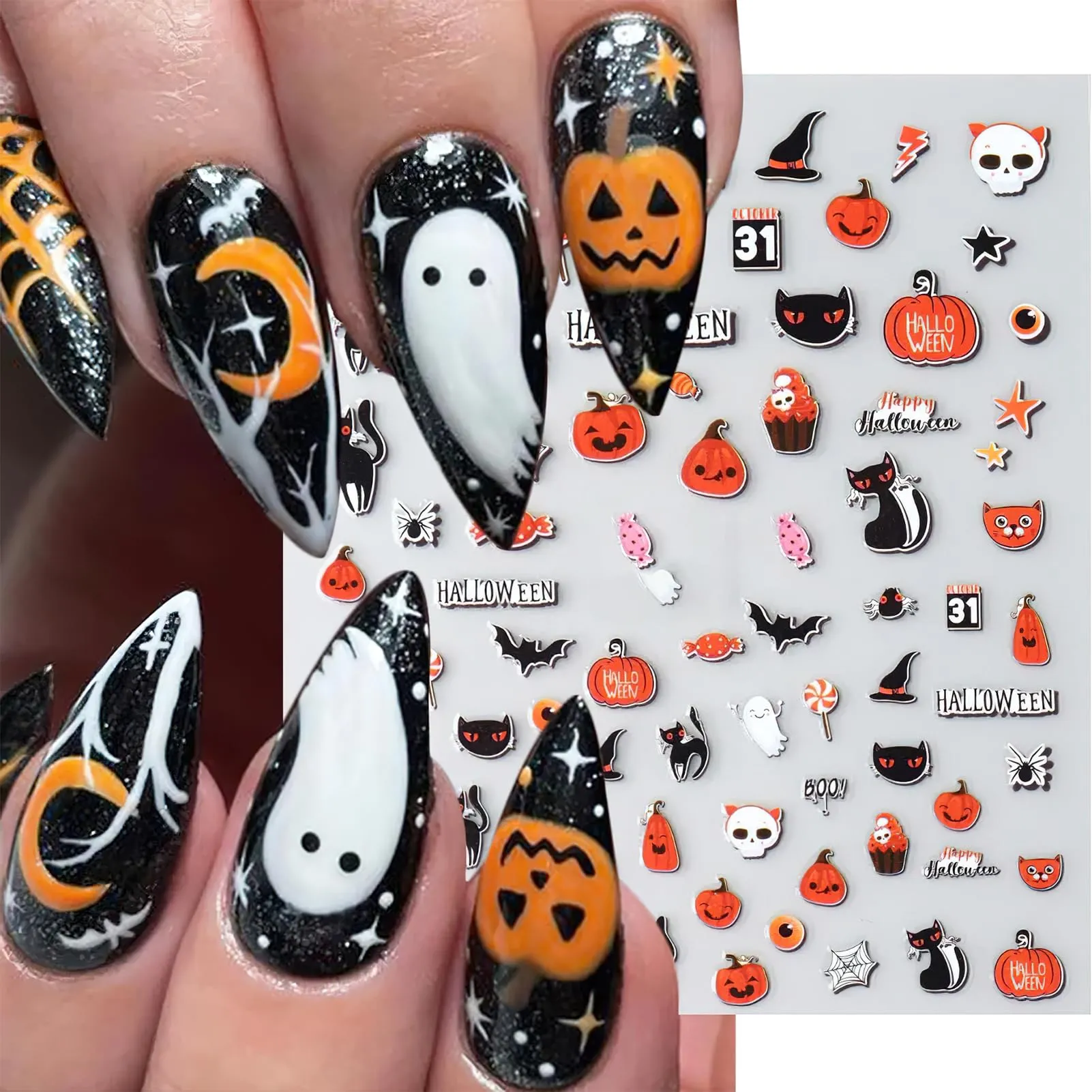 Cute Halloween Nail Art Stickers Pumpkin Bat Skull Decals Stickers 3D Self Adhesive Scar Eyes Stitch Stickers Cute Spooky Ghost Handprint Designs for Women Girls Tip Acrylic Nail Decoration 6 Sheets