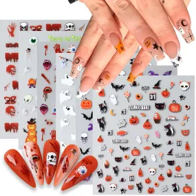 Cute Halloween Nail Art Stickers Pumpkin Bat Skull Decals Stickers 3D Self Adhesive Scar Eyes Stitch Stickers Cute Spooky Ghost Handprint Designs for Women Girls Tip Acrylic Nail Decoration 6 Sheets
