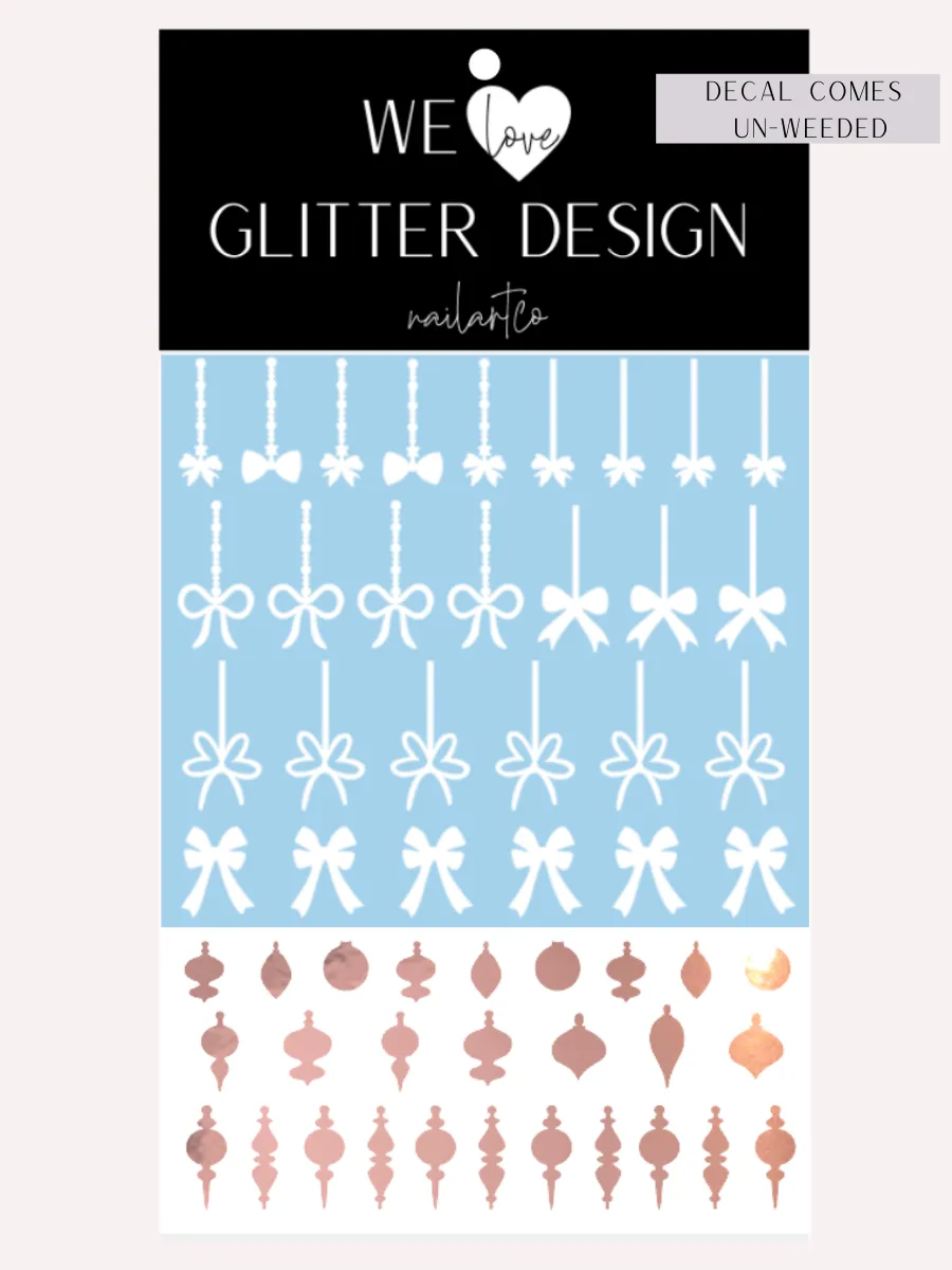 Elegant Ornament Nail Decal | Rose Gold Chrome (White Bow & String)