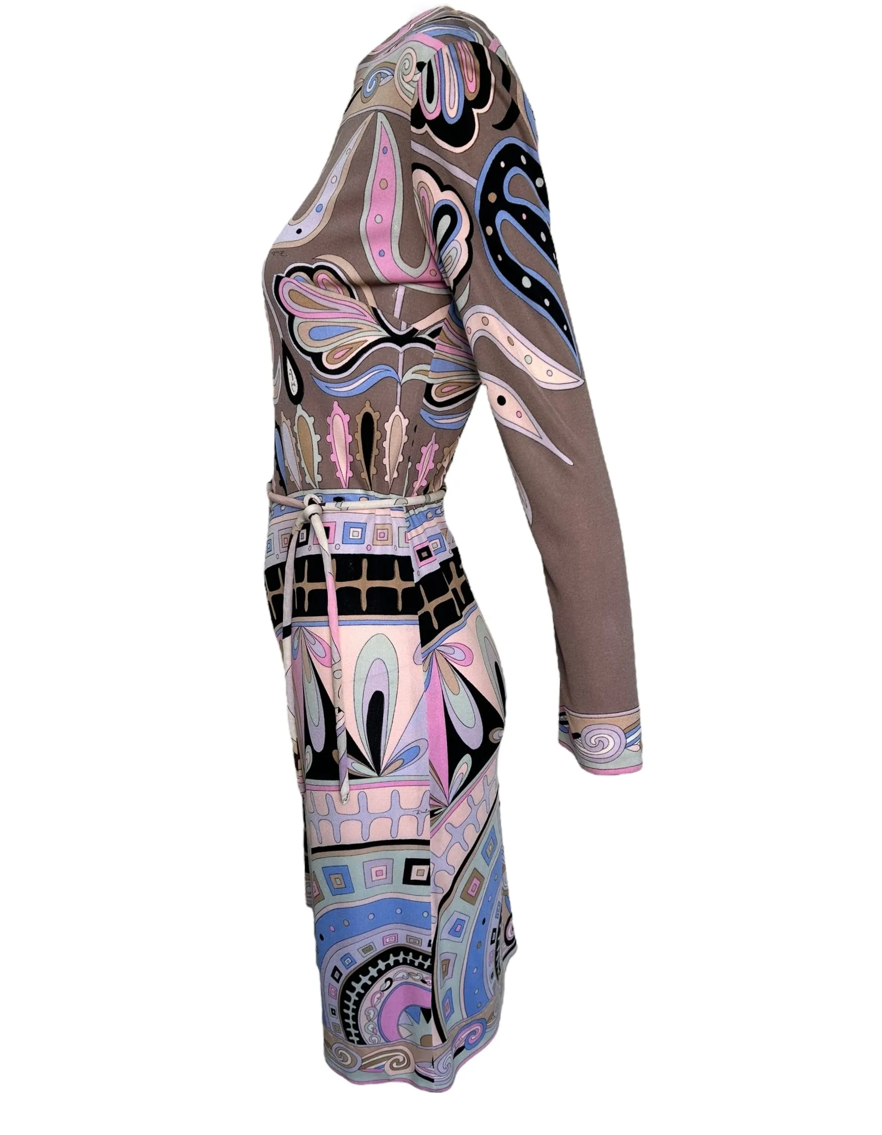 Emilio Pucci Mauve, Pink, & Blue Geometric Long Sleeve Dress with Belt