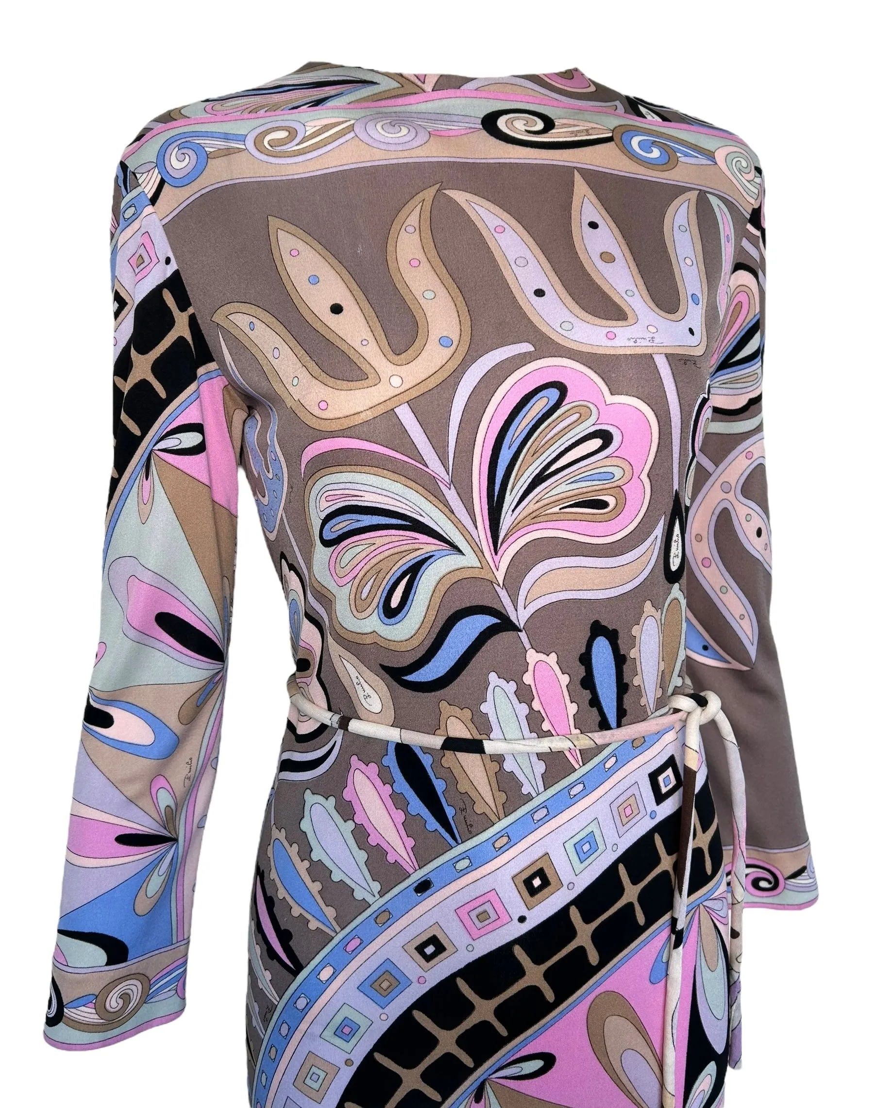 Emilio Pucci Mauve, Pink, & Blue Geometric Long Sleeve Dress with Belt