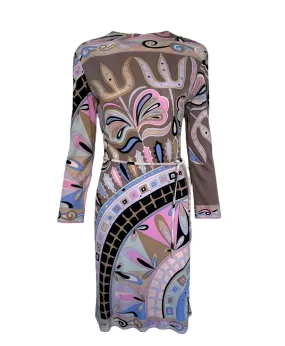 Emilio Pucci Mauve, Pink, & Blue Geometric Long Sleeve Dress with Belt